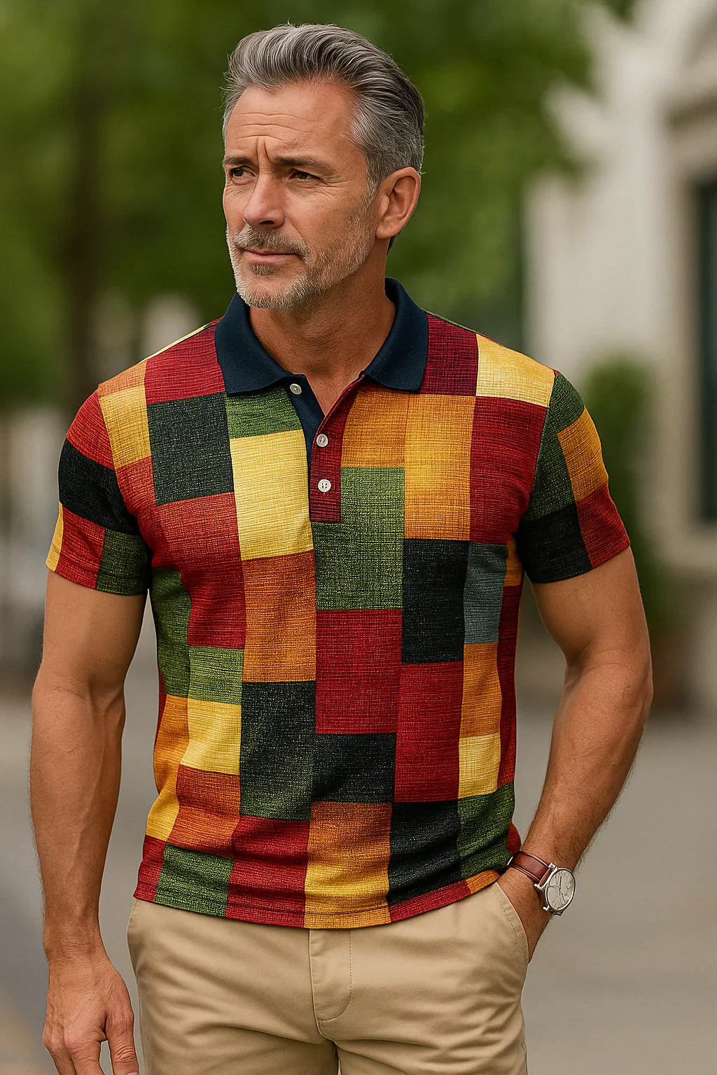 Diogo - Nefes Alabilen Pamuklu Polo, Renkli Kare Desenli